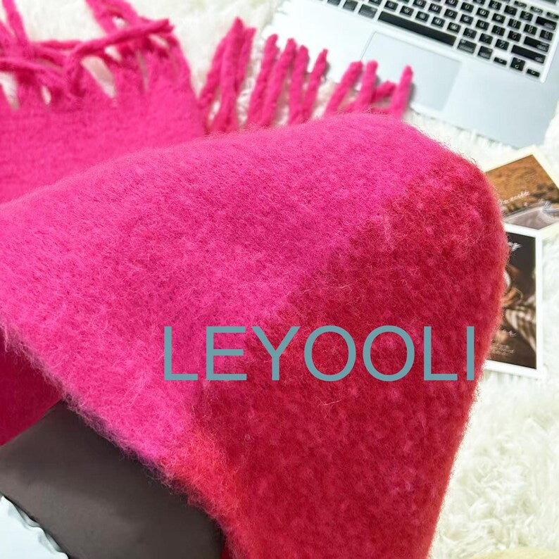 Pink Red Mohair Blend Scarf: Long Tassel Winter Shawl