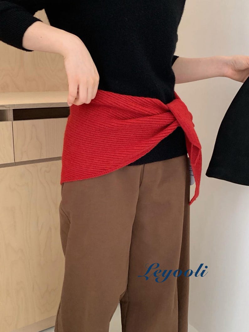 Red Knit Triangle Scarf: Ribbed Slot Neck Shawl