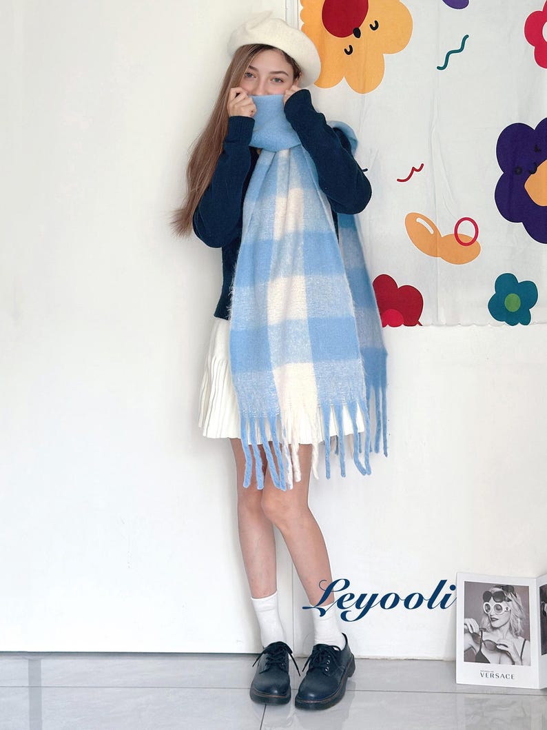 Sky Blue Mohair Plaid Scarf: Cozy Winter Wrap