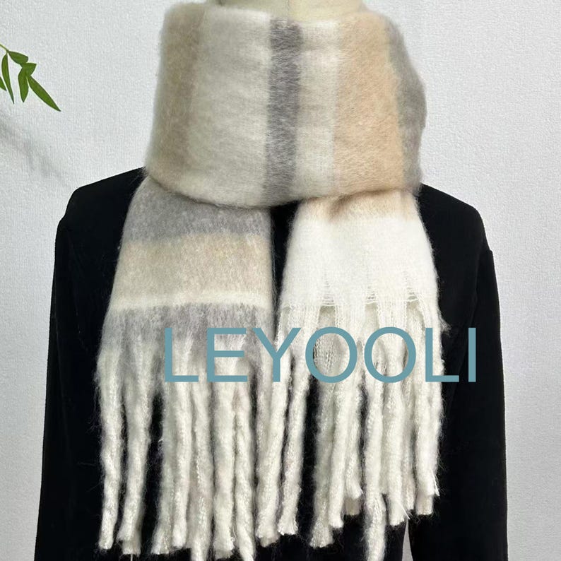 Striped Mohair Scarf: Wool Cashmere Blend, Beige Gray Tassel Shawl