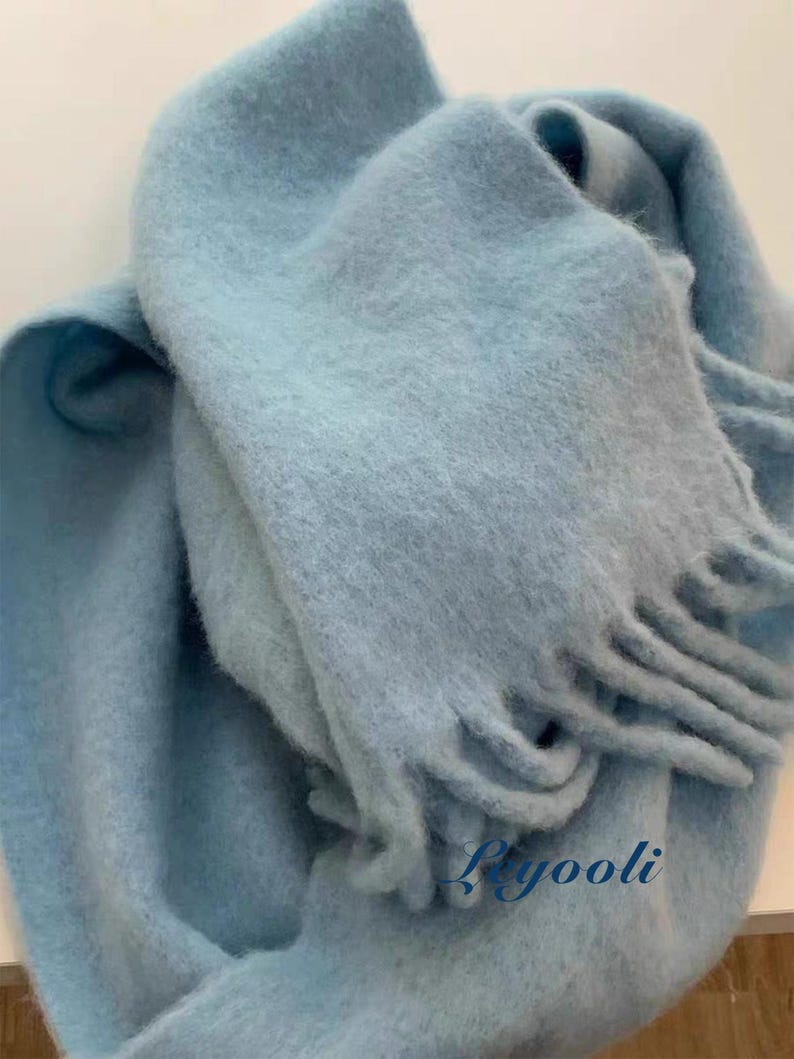 Sky Blue Wool Blend Scarf: Handmade Knit Winter Shawl