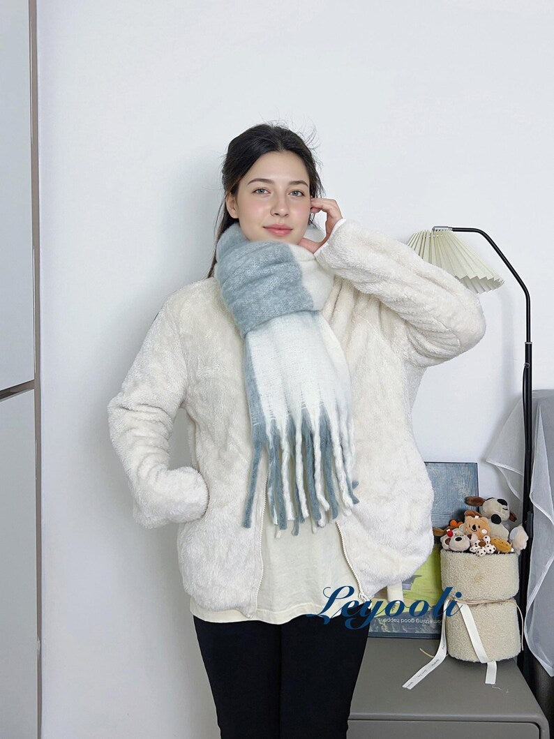 Gray White Plaid Mohair Scarf - Elegant Cozy Winter Wrap