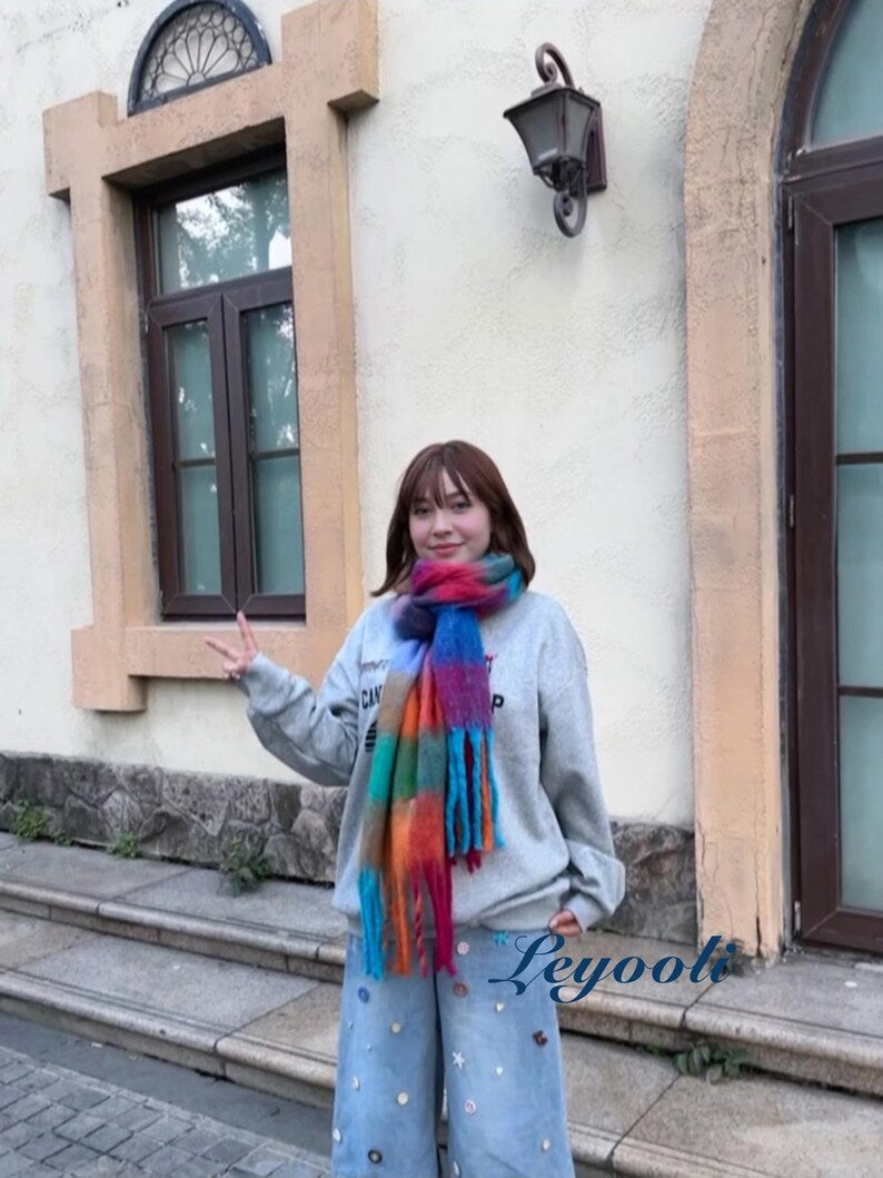 Rainbow Plaid Mohair Scarf, Colorful Checked Scarf, Winter Statement Wrap, Bright Gift for Her