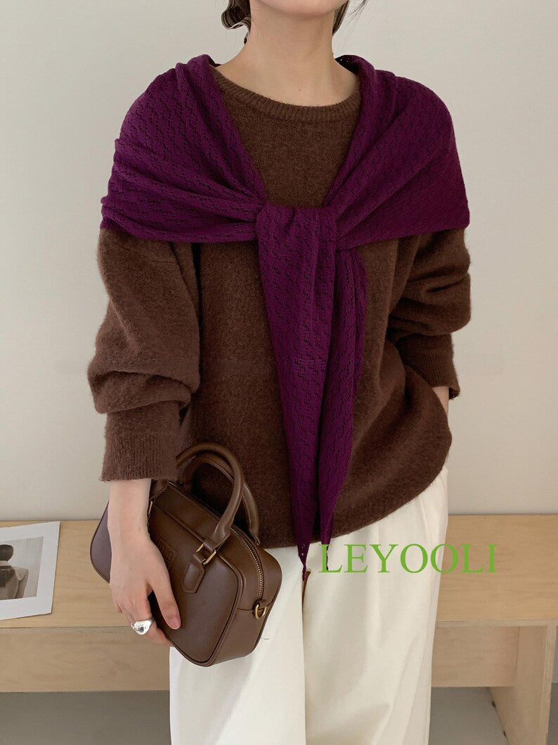 Handmade Plum Knit Triangle Scarf, Lace Shawl, Lightweight Wrap