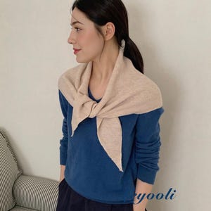 Beige 100% Wool Triangle Scarf, Soft Knit Shawl, Minimalist Neutral Winter Wrap