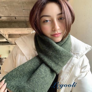 Handmade Forest Green Wool Blend Scarf: Cozy Knit Shawl