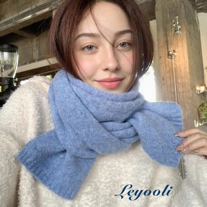 Handmade Sky Blue Wool Blend Knit Scarf: Fluffy Winter Shawl