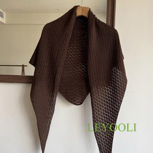 Brown Knit Triangle Lace Shawl, Handmade Coffee Wrap