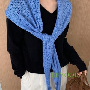 Blue Knit Lace Triangle Scarf, Handmade Shawl, Elegant Wrap