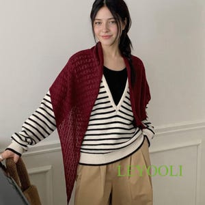 Burgundy Knit Triangle Scarf, Handmade Lace Shawl