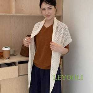 Handmade Cream White Knit Lace Scarf, Elegant Triangle Shawl
