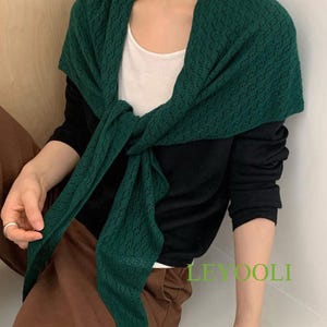Handmade Dark Green Knit Triangle Scarf, Lace Shawl Wrap