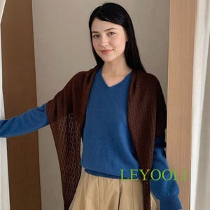 Brown Knit Triangle Lace Shawl, Handmade Coffee Wrap