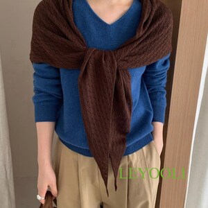 Brown Knit Triangle Lace Shawl, Handmade Coffee Wrap