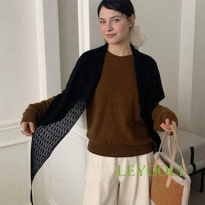 Black Knit Lace Triangle Scarf, Handmade Shawl