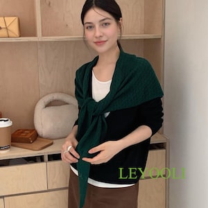 Handmade Dark Green Knit Triangle Scarf, Lace Shawl Wrap