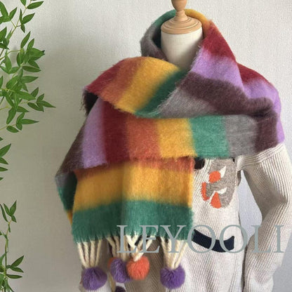 Rainbow Stripe Mohair Scarf, Fur Ball Tassel, Winter Accessory