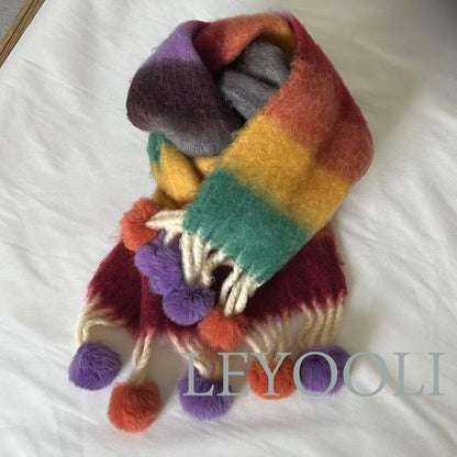 Rainbow Stripe Mohair Scarf, Fur Ball Tassel, Winter Accessory
