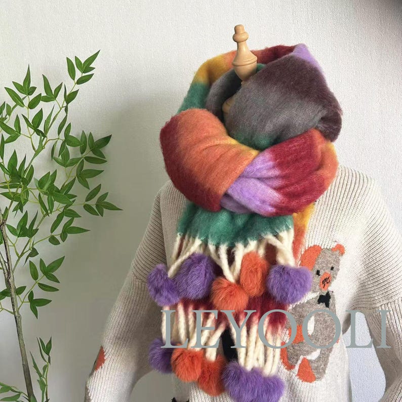 Rainbow Stripe Mohair Scarf, Fur Ball Tassel, Winter Accessory