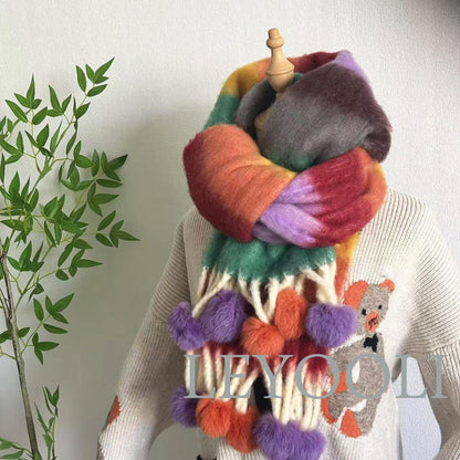 Rainbow Stripe Mohair Scarf, Fur Ball Tassel, Winter Accessory