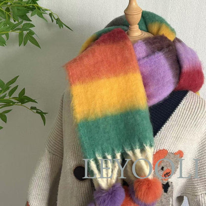 Rainbow Stripe Mohair Scarf, Fur Ball Tassel, Winter Accessory