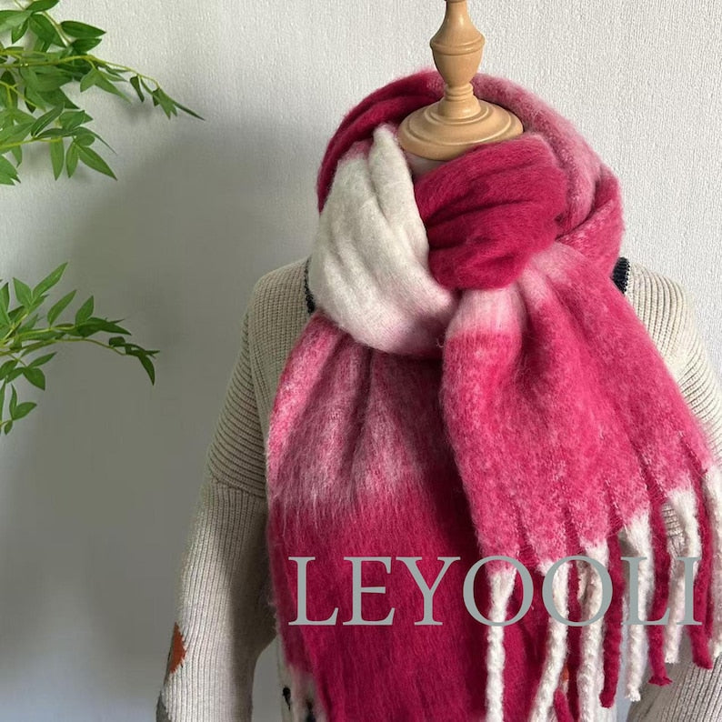 Handmade Rose Plaid Mohair Scarf: Gradient Pink White Tassel Scarf