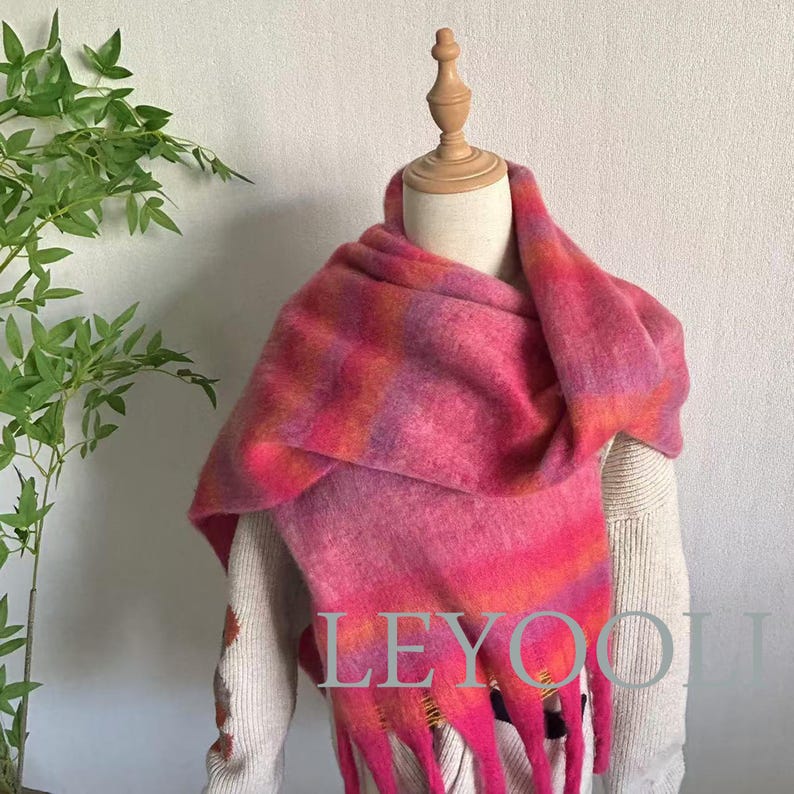 Rose Striped Mohair Tassel Scarf: Soft Warm Winter Shawl