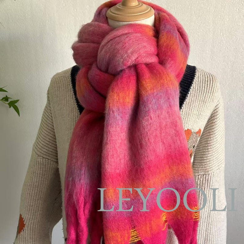 Rose Striped Mohair Tassel Scarf: Soft Warm Winter Shawl