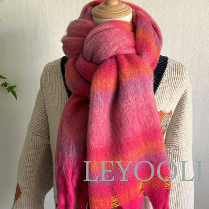 Rose Striped Mohair Tassel Scarf: Soft Warm Winter Shawl
