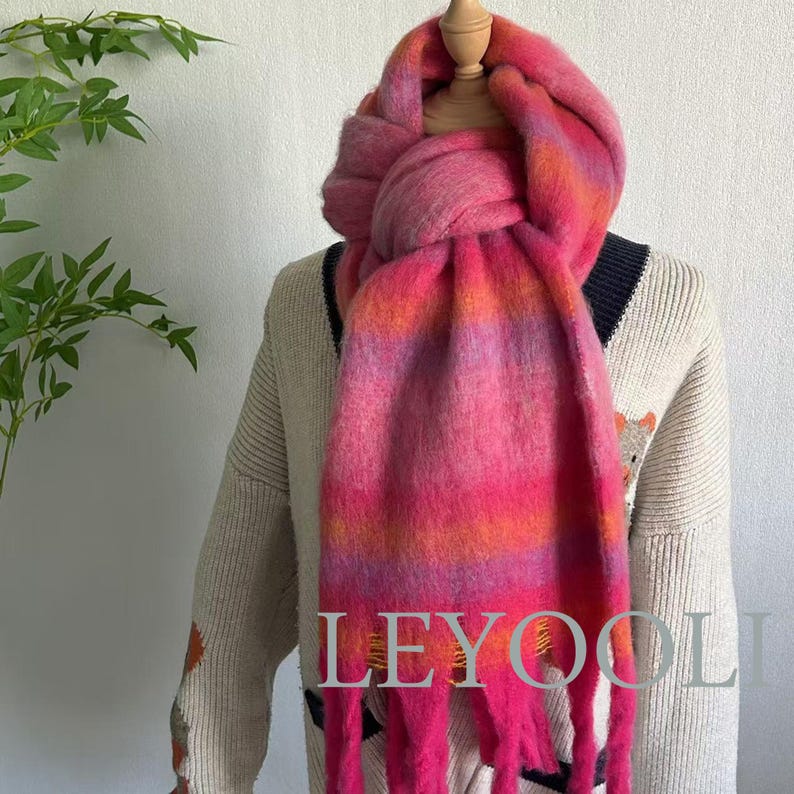 Rose Striped Mohair Tassel Scarf: Soft Warm Winter Shawl