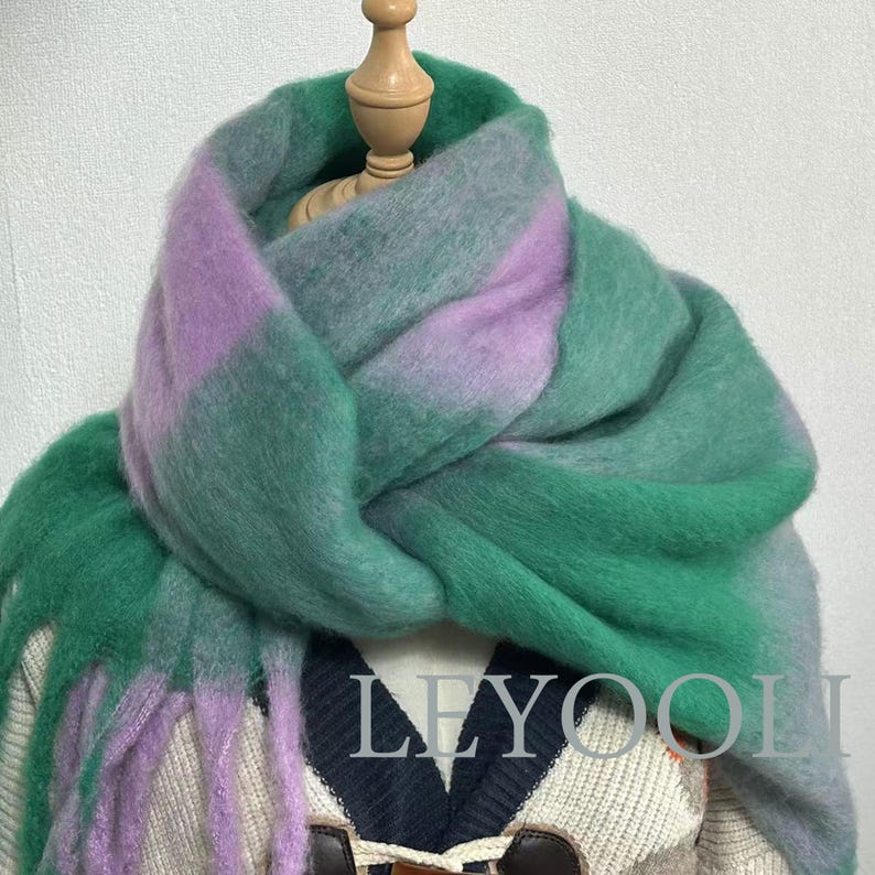 Handmade Green Purple Plaid Mohair Scarf, Gradient Fringe Shawl