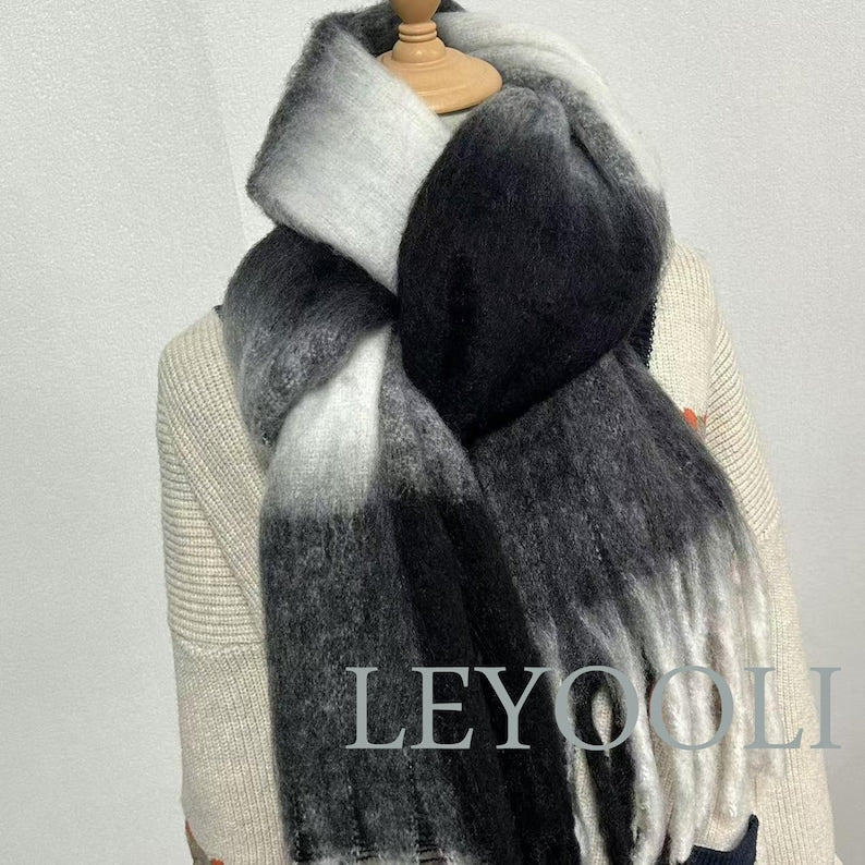 Plaid Mohair Scarf, Black White Gray Gradient, Winter Shawl with Fringe
