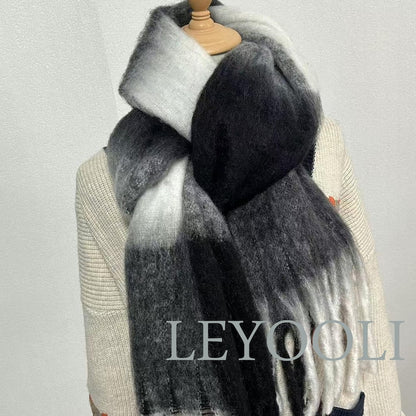Plaid Mohair Scarf, Black White Gray Gradient, Winter Shawl with Fringe