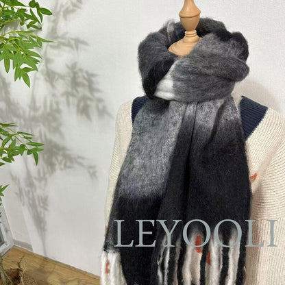 Plaid Mohair Scarf, Black White Gray Gradient, Winter Shawl with Fringe