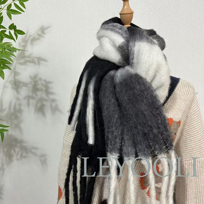 Plaid Mohair Scarf, Black White Gray Gradient, Winter Shawl with Fringe