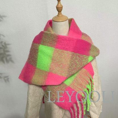 Mohair Plaid Scarf: Bright Pink & Green, Warm Winter Shawl