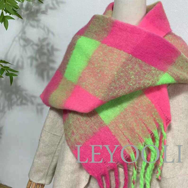 Mohair Plaid Scarf: Bright Pink & Green, Warm Winter Shawl
