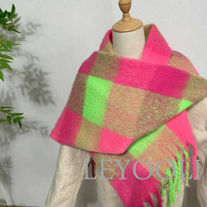 Mohair Plaid Scarf: Bright Pink & Green, Warm Winter Shawl