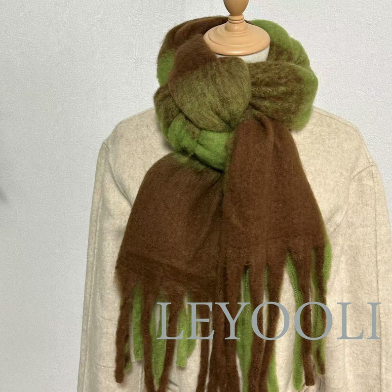 Green Brown Plaid Mohair Scarf: Soft Winter Shawl with Fringe