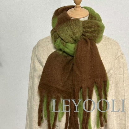 Green Brown Plaid Mohair Scarf: Soft Winter Shawl with Fringe