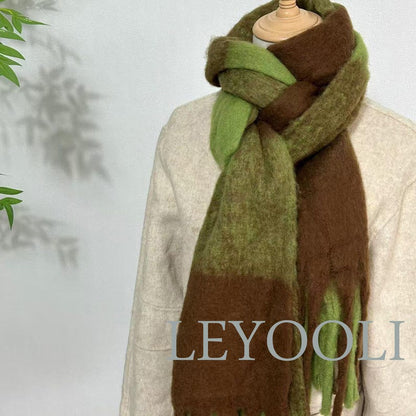 Green Brown Plaid Mohair Scarf: Soft Winter Shawl with Fringe