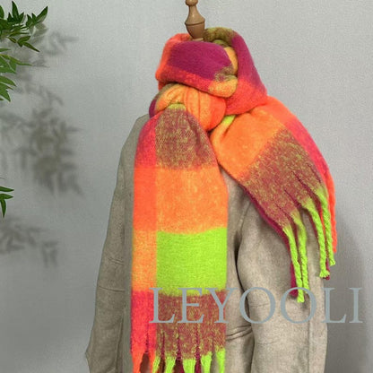 Hand Knitted Mohair Scarf, Fluorescent Plaid, Winter Warm Scarf