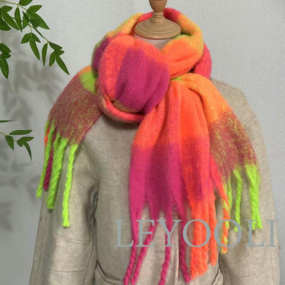 Hand Knitted Mohair Scarf, Fluorescent Plaid, Winter Warm Scarf