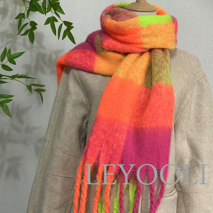 Hand Knitted Mohair Scarf, Fluorescent Plaid, Winter Warm Scarf