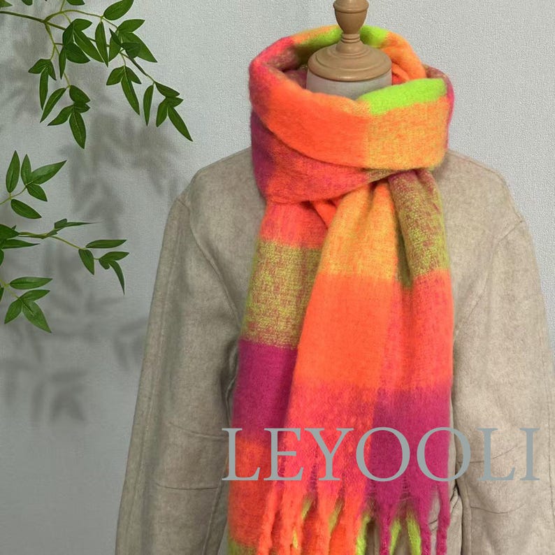 Hand Knitted Mohair Scarf, Fluorescent Plaid, Winter Warm Scarf