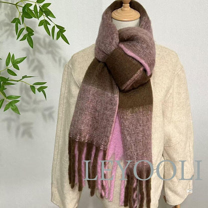 Plaid Mohair Scarf, Brown Pink Tassel Scarf, Winter Fashion
