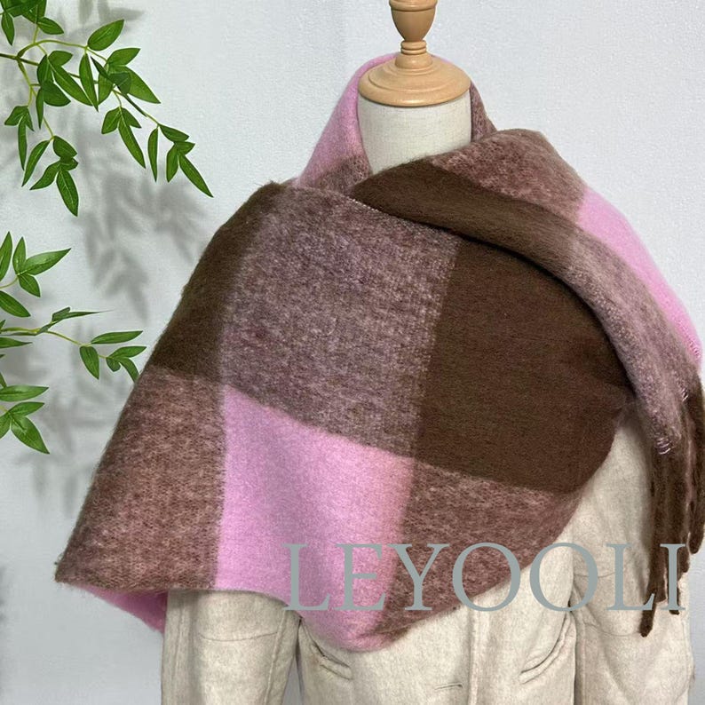 Plaid Mohair Scarf, Brown Pink Tassel Scarf, Winter Fashion