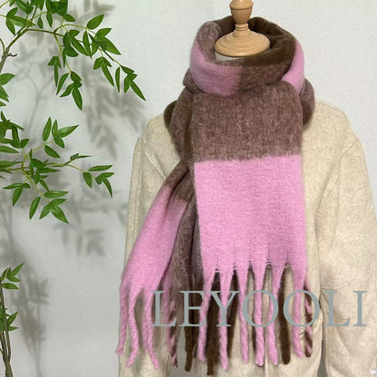 Plaid Mohair Scarf, Brown Pink Tassel Scarf, Winter Fashion