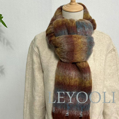 Mohair Gradient Plaid Scarf | Warm Winter Shawl with Tassels