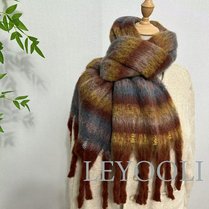 Mohair Gradient Plaid Scarf | Warm Winter Shawl with Tassels